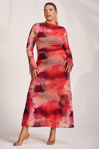 Long Sleeve Slash Neck Mesh Maxi Dress, Red Abstract