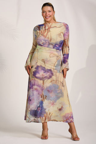 Long Sleeve Slash Neck Mesh Maxi Dress, Yellow Floral