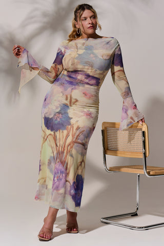 Long Sleeve Slash Neck Mesh Maxi Dress, Yellow Floral
