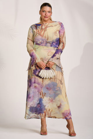 Long Sleeve Slash Neck Mesh Maxi Dress, Yellow Floral