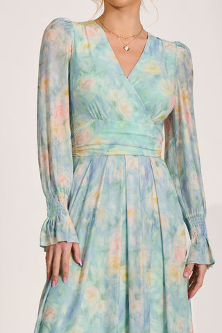 Long Sleeve V Neck Mesh Maxi Dress, Green Abstract