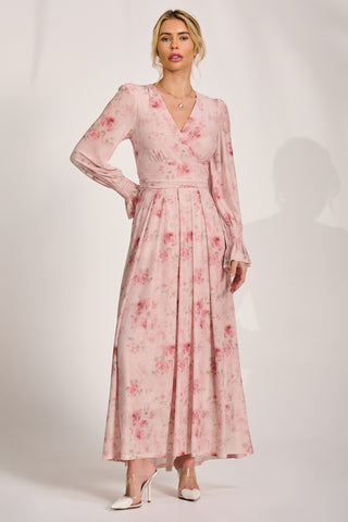 Long Sleeve V Neck Mesh Maxi Dress, Pink Floral