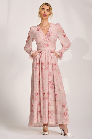 Long Sleeve V Neck Mesh Maxi Dress, Pink Floral