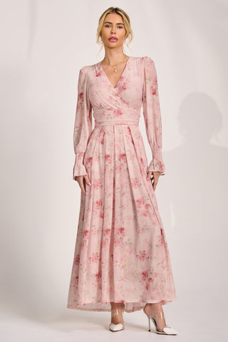 Long Sleeve V Neck Mesh Maxi Dress, Pink Floral
