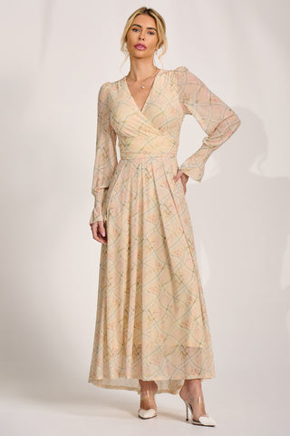 Long Sleeve V Neck Mesh Maxi Dress, Yellow Abstract