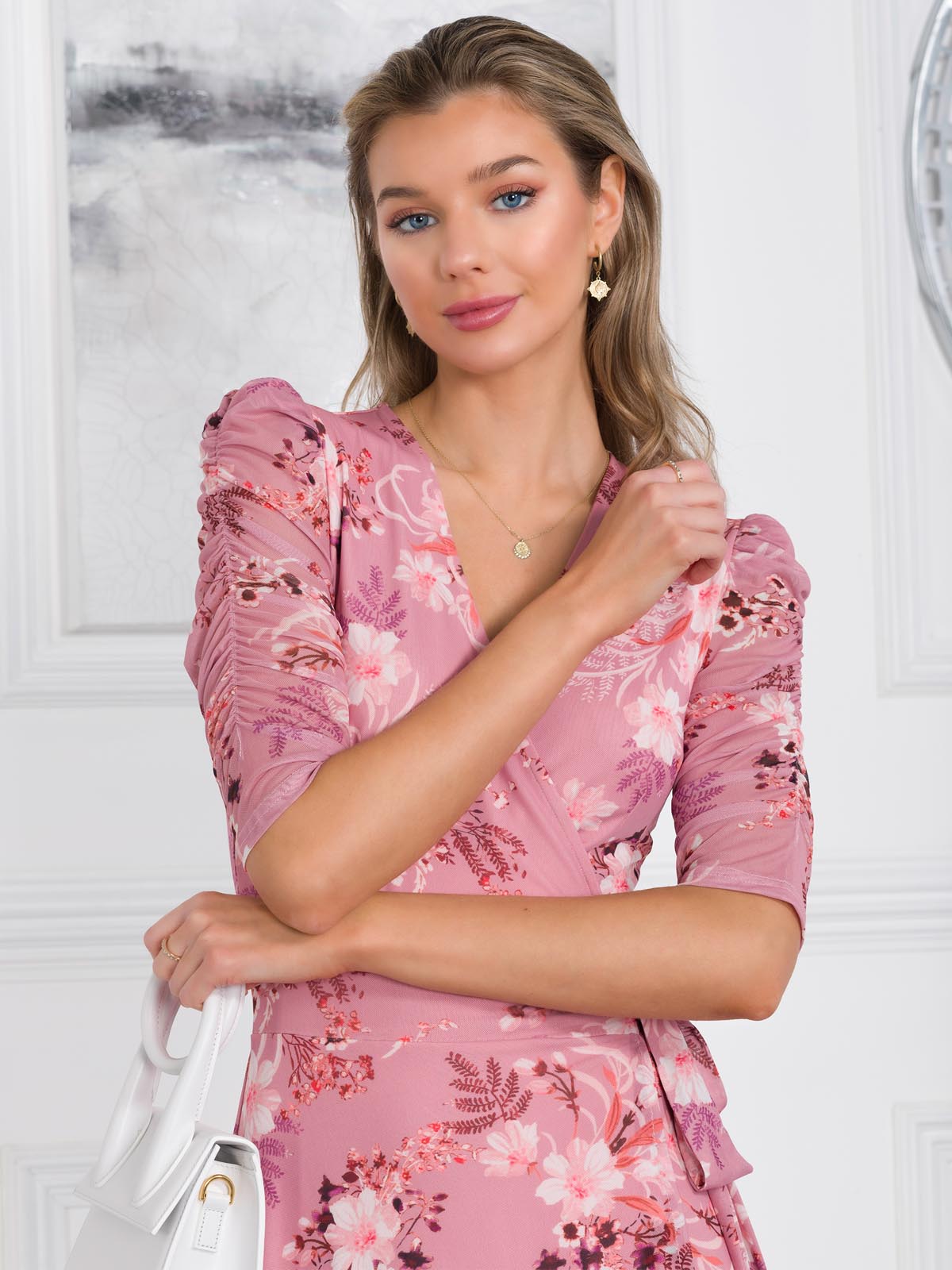 Elodea Mesh Ruched Sleeve Wrap Dress, Pink Floral