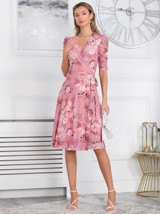 Elodea Mesh Ruched Sleeve Wrap Dress, Pink Floral