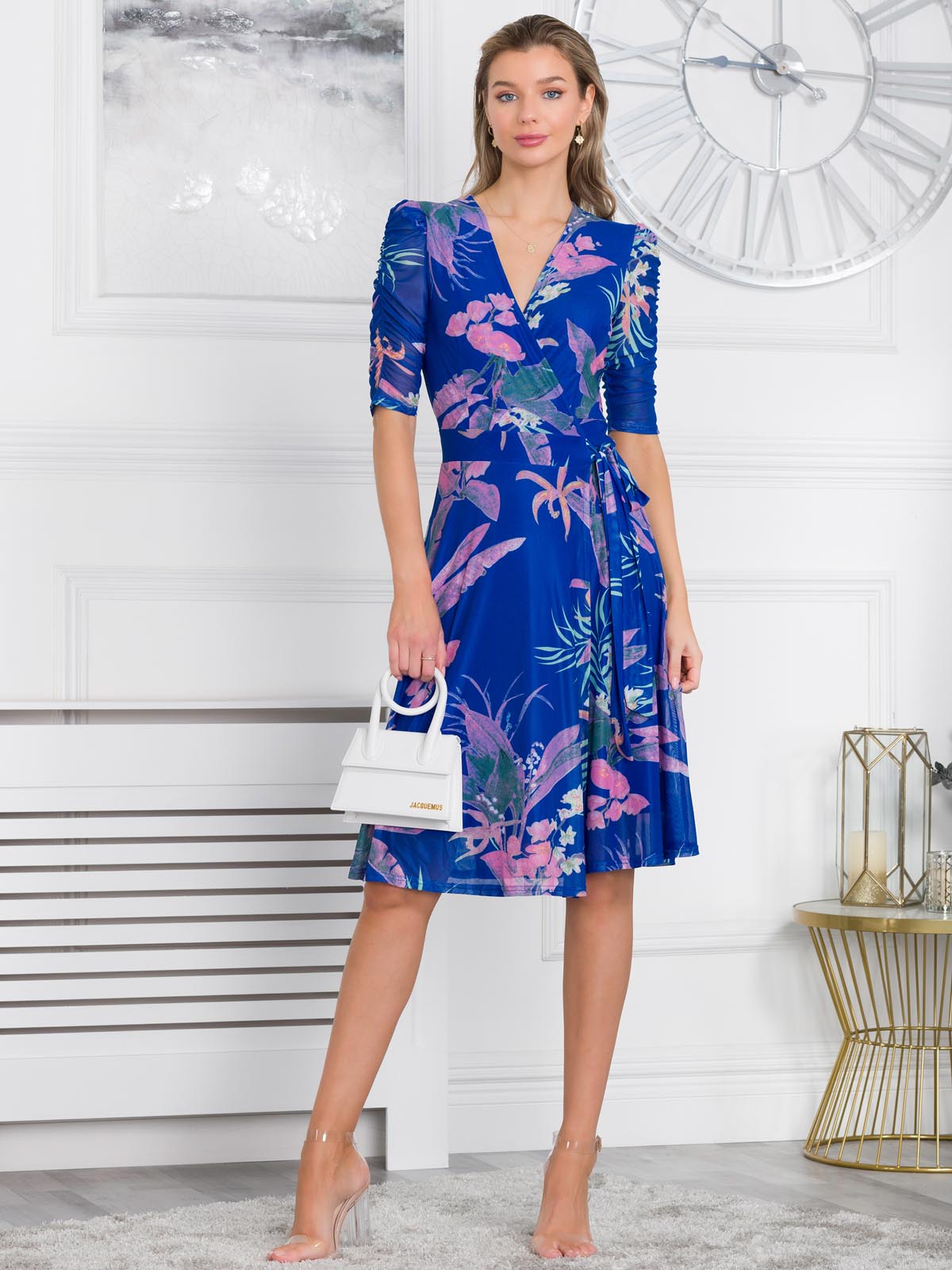 Elodea Mesh Ruched Sleeve Wrap Dress, Royal Multi