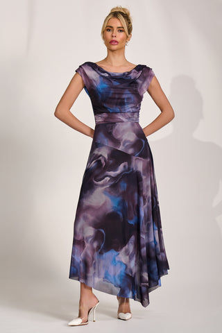 Asymmetrical Draped Mesh Maxi Dress, Blue Abstract
