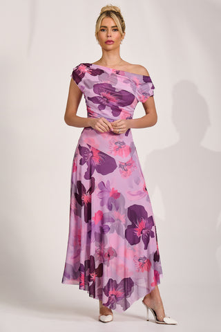 Asymmetrical Draped Mesh Maxi Dress, Pink Floral