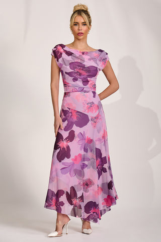 Asymmetrical Draped Mesh Maxi Dress, Pink Floral