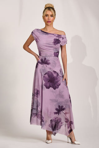Asymmetrical Draped Mesh Maxi Dress, Purple Floral