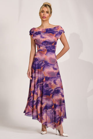 Asymmetrical Draped Mesh Maxi Dress, Purple Multi