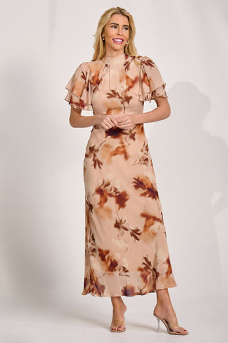 High Neck Angel Sleeve Chiffon Maxi Dress, Brown Floral