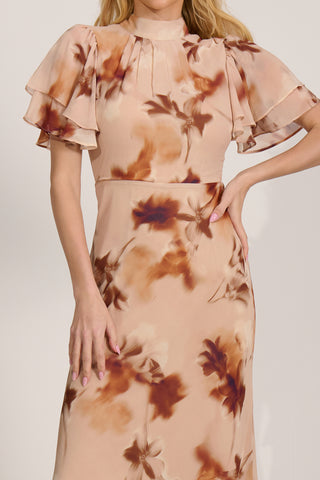 High Neck Angel Sleeve Chiffon Maxi Dress, Brown Floral