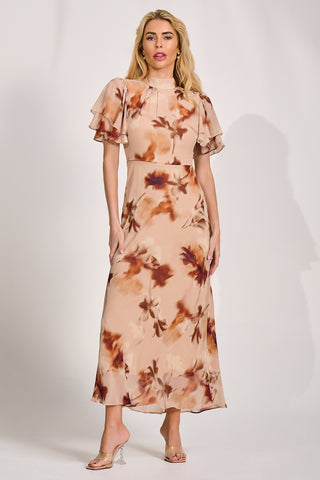 High Neck Angel Sleeve Chiffon Maxi Dress, Brown Floral