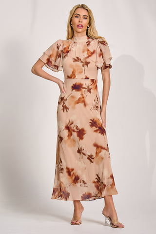 High Neck Angel Sleeve Chiffon Maxi Dress, Brown Floral