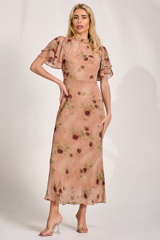 High Neck Angel Sleeve Chiffon Maxi Dress, Coral Floral