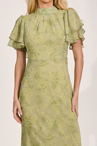 High Neck Angel Sleeve Chiffon Maxi Dress, Green Abstract