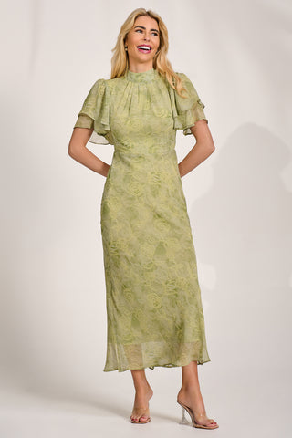 High Neck Angel Sleeve Chiffon Maxi Dress, Green Abstract