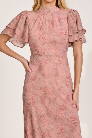 High Neck Angel Sleeve Chiffon Maxi Dress, Pink Abstract