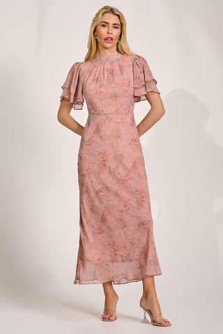 High Neck Angel Sleeve Chiffon Maxi Dress, Pink Abstract