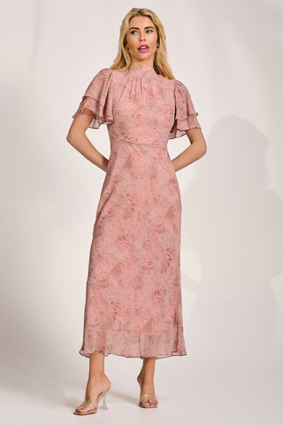 High Neck Angel Sleeve Chiffon Maxi Dress, Pink Abstract