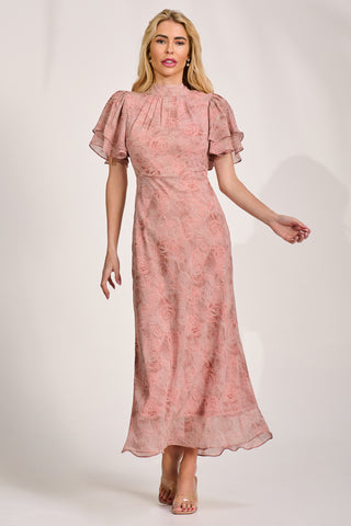 High Neck Angel Sleeve Chiffon Maxi Dress, Pink Abstract