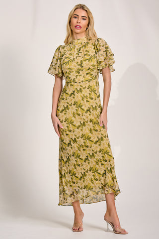 High Neck Angel Sleeve Chiffon Maxi Dress, Yellow Floral