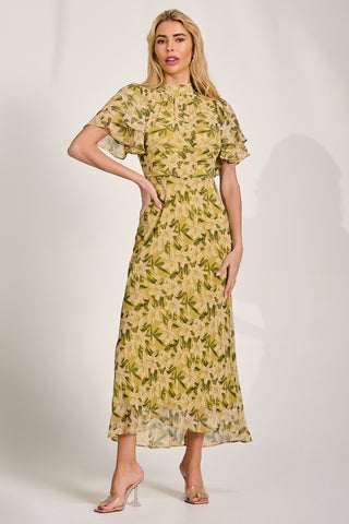 High Neck Angel Sleeve Chiffon Maxi Dress, Yellow Floral