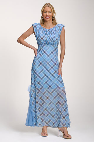 Lace Insert Mesh Maxi Dress, Blue Check