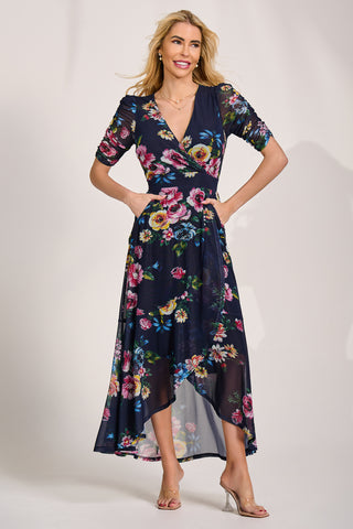 Ruched Sleeve Mesh Maxi Dress, Navy Floral