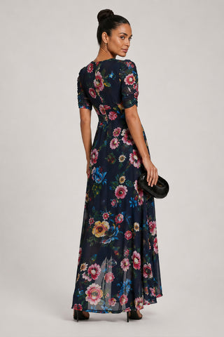 Ruched Sleeve Mesh Maxi Dress, Navy Floral