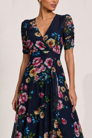 Ruched Sleeve Mesh Maxi Dress, Navy Floral