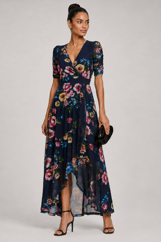 Ruched Sleeve Mesh Maxi Dress, Navy Floral