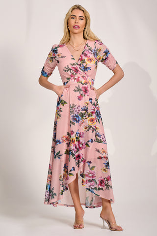 Ruched Sleeve Mesh Maxi Dress, Pink Floral
