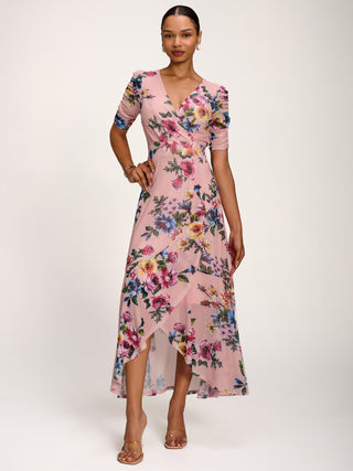Ruched Sleeve Mesh Maxi Dress, Pink Floral