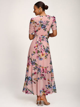 Ruched Sleeve Mesh Maxi Dress, Pink Floral