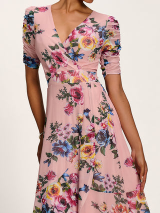 Ruched Sleeve Mesh Maxi Dress, Pink Floral