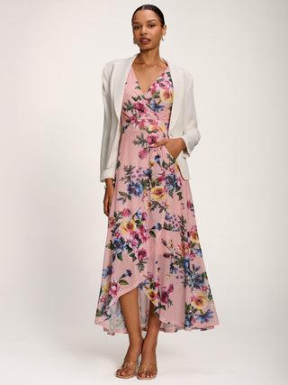 Ruched Sleeve Mesh Maxi Dress, Pink Floral