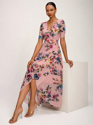 Ruched Sleeve Mesh Maxi Dress, Pink Floral