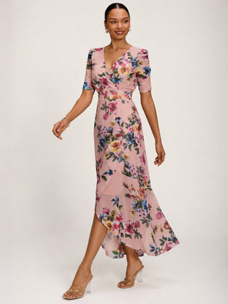 Ruched Sleeve Mesh Maxi Dress, Pink Floral