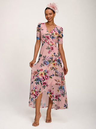 Ruched Sleeve Mesh Maxi Dress, Pink Floral