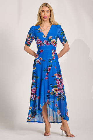 Ruched Sleeve Mesh Maxi Dress, Royal Blue Floral