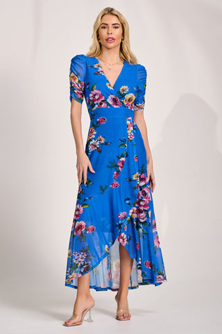 Ruched Sleeve Mesh Maxi Dress, Royal Blue Floral