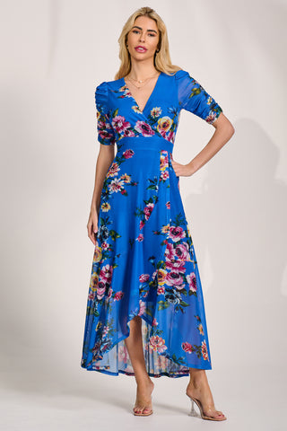 Ruched Sleeve Mesh Maxi Dress, Royal Blue Floral