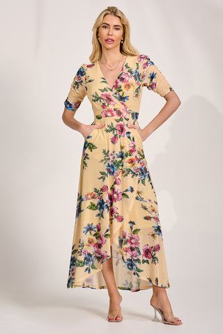 Ruched Sleeve Mesh Maxi Dress, Yellow Floral