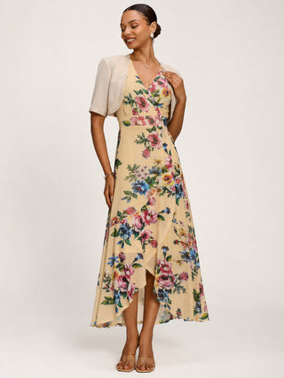 Ruched Sleeve Mesh Maxi Dress, Yellow Floral