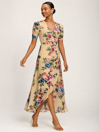 Ruched Sleeve Mesh Maxi Dress, Yellow Floral