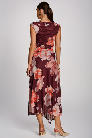 Asymmetric Draped Mesh Maxi Dress, Burgundy Floral